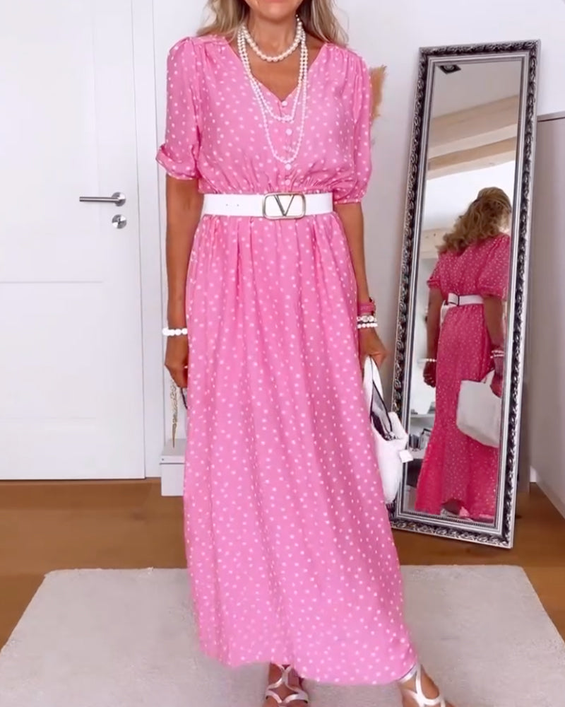 Robe Col En V Bouton À Pois Taille Cintrée