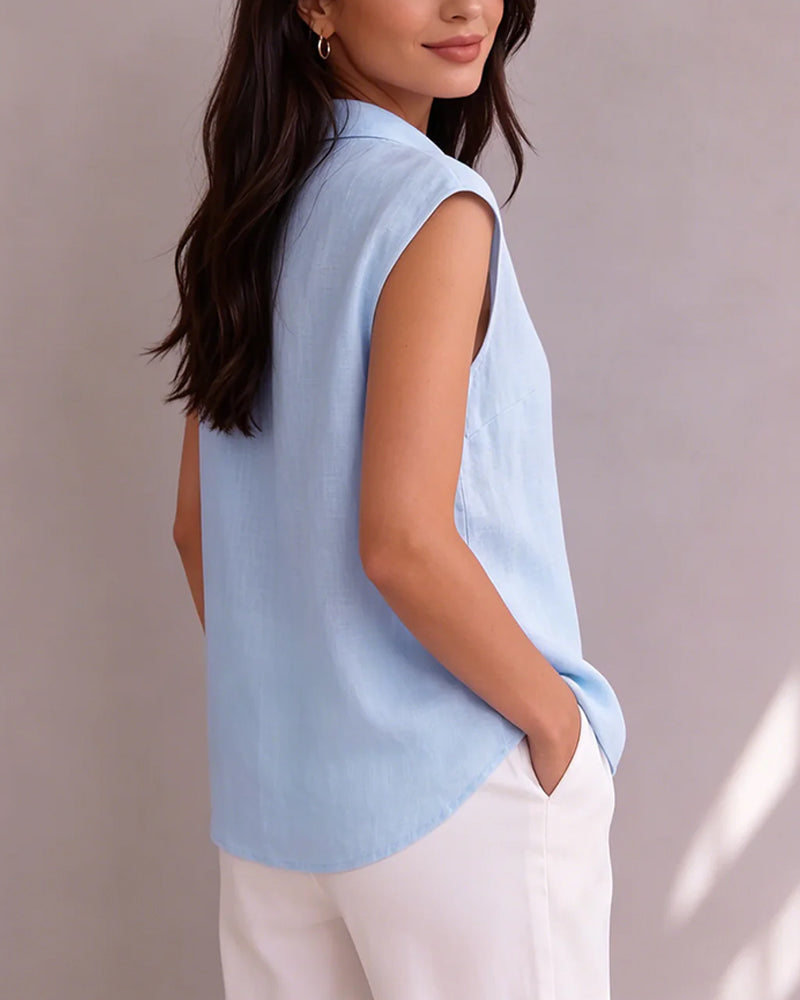 Blouse Nœud Bouton Sans Manches