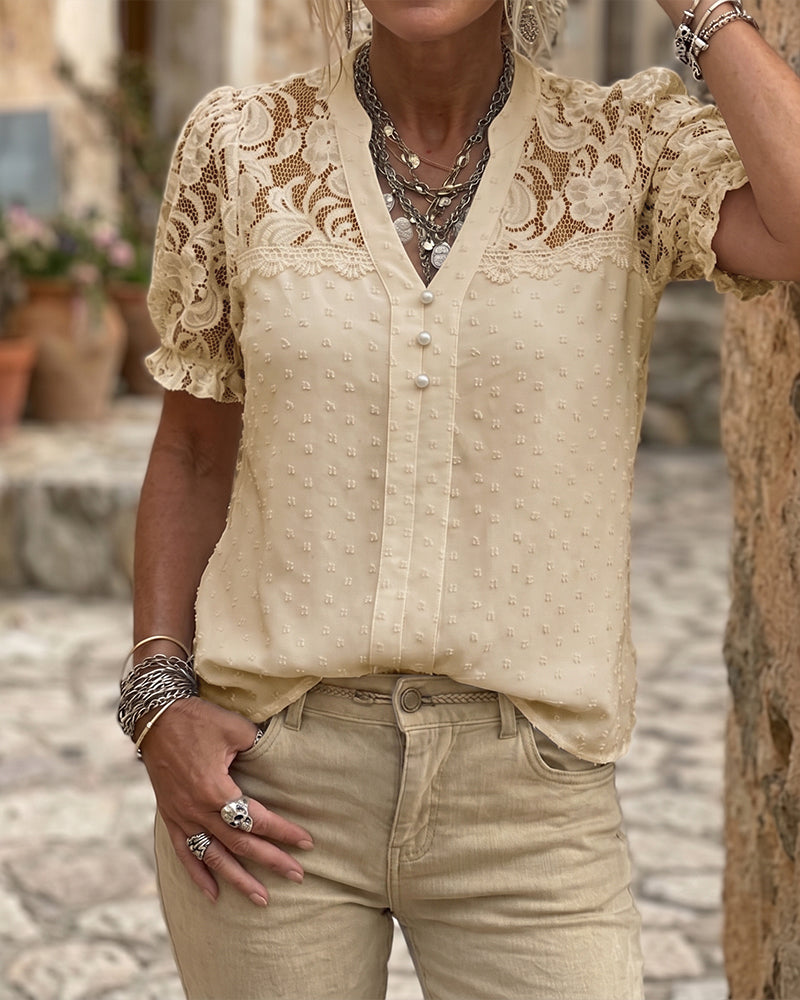 Chemisier Dentelle Patchwork Manche Bouffante Col V