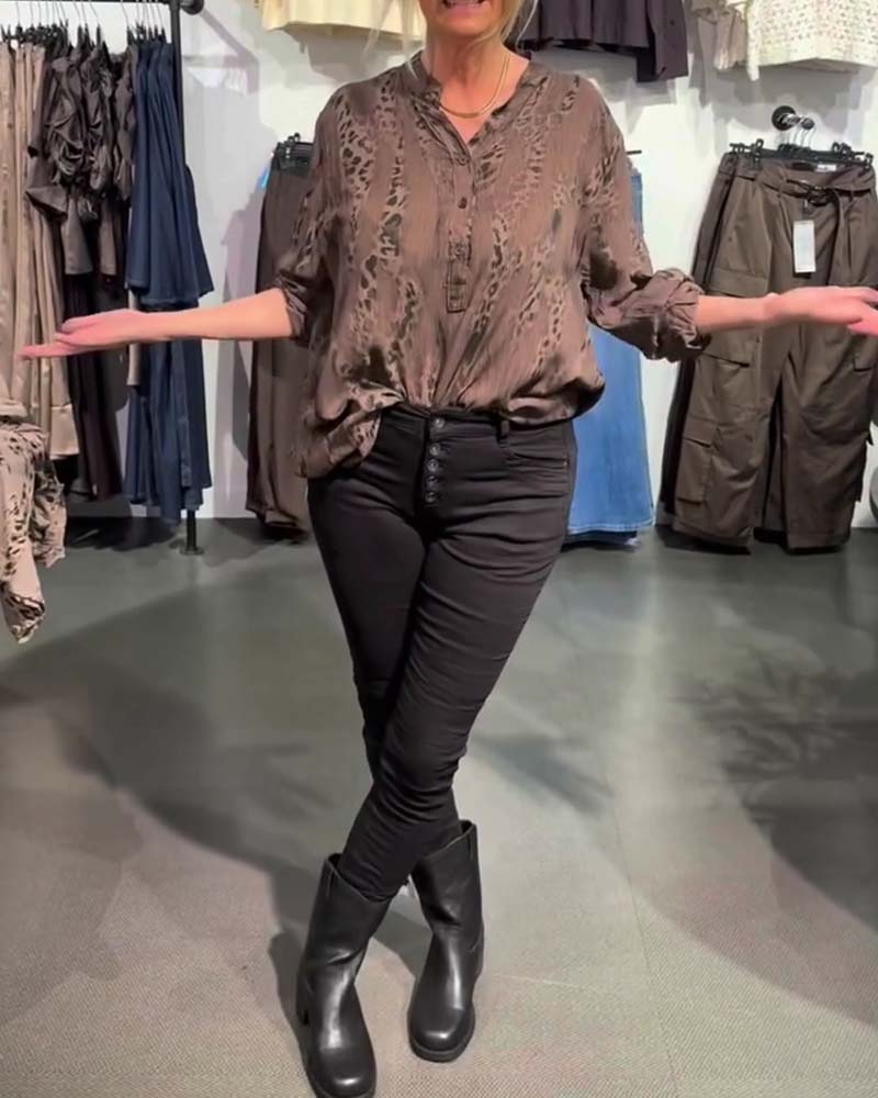 Blouse Col En V Bouton Devant Léopard Imprimé Décontractée