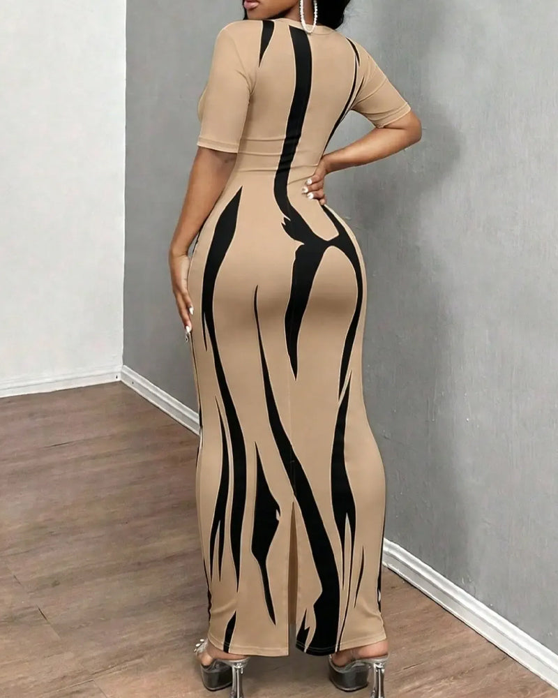 Robe Col V Rayure Ajustée Cintrée