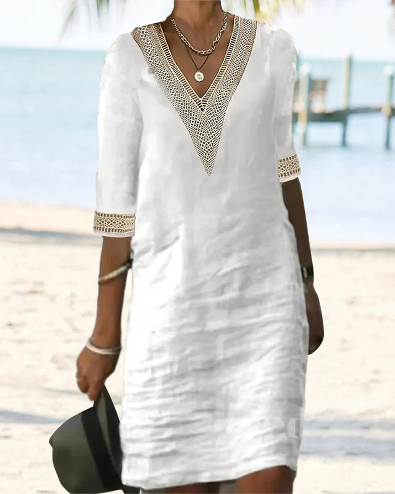Robe Manche Trois Quarts Col V Dentelle Patchwork