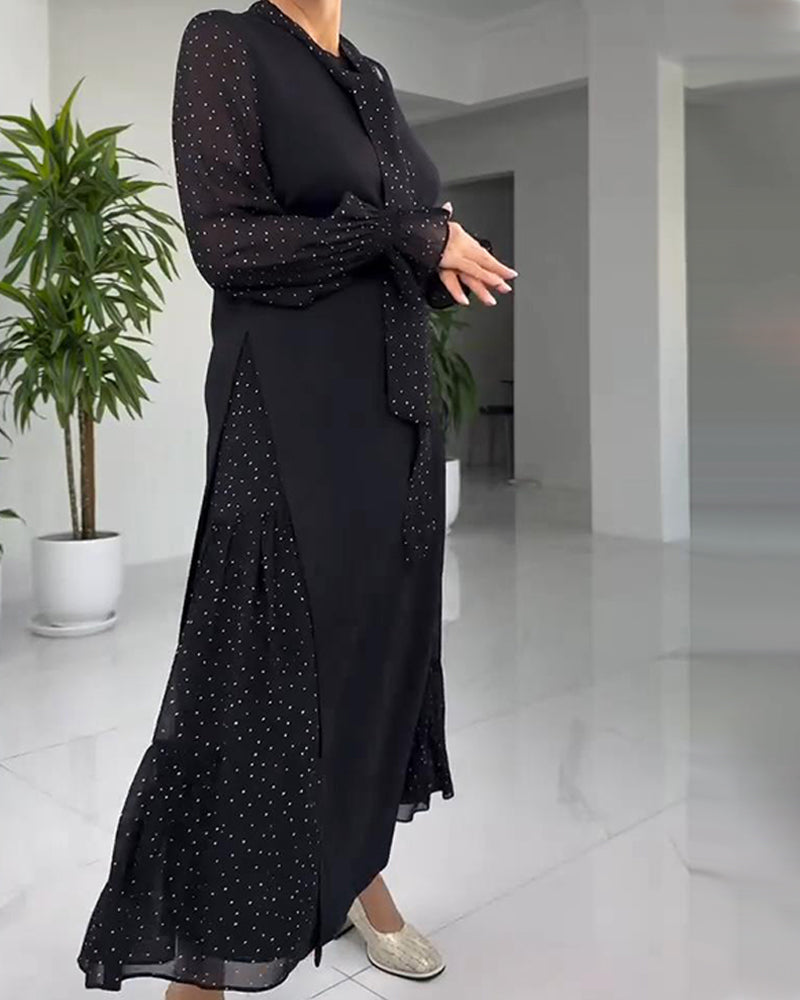 Robe Patchwork Effet Faux Deux-Pièces Avec Dentelle Et Ruban