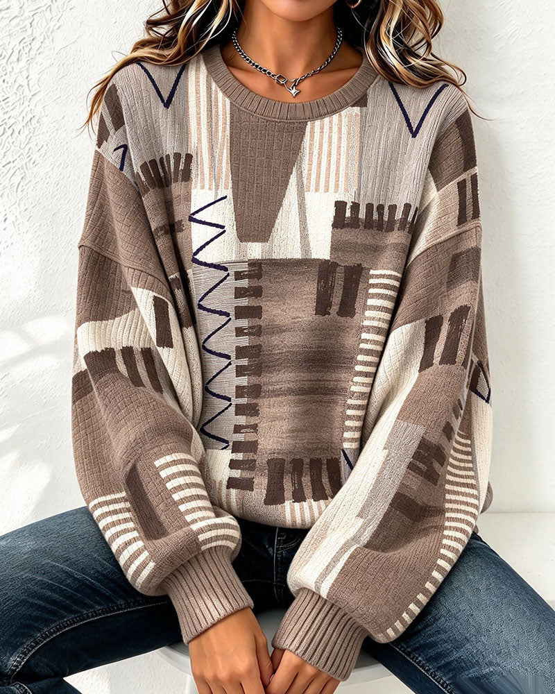 Sweatshirt Col Rond À Carreaux Bloc De Couleur