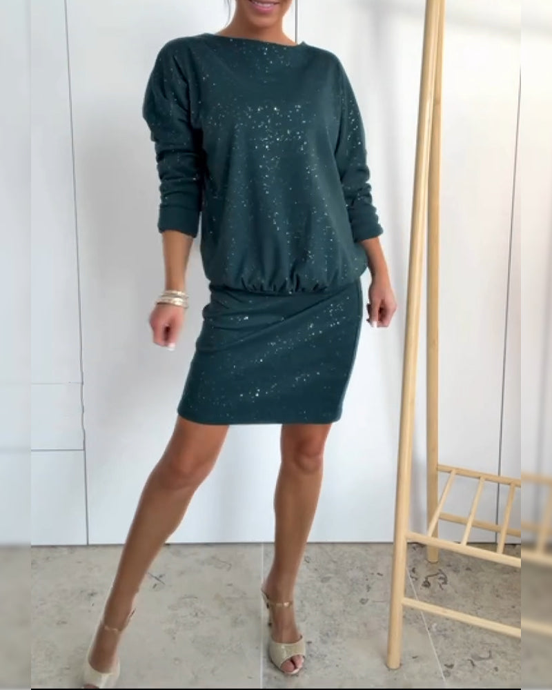 Robe Col Rond Paillettes Fines À La Mode