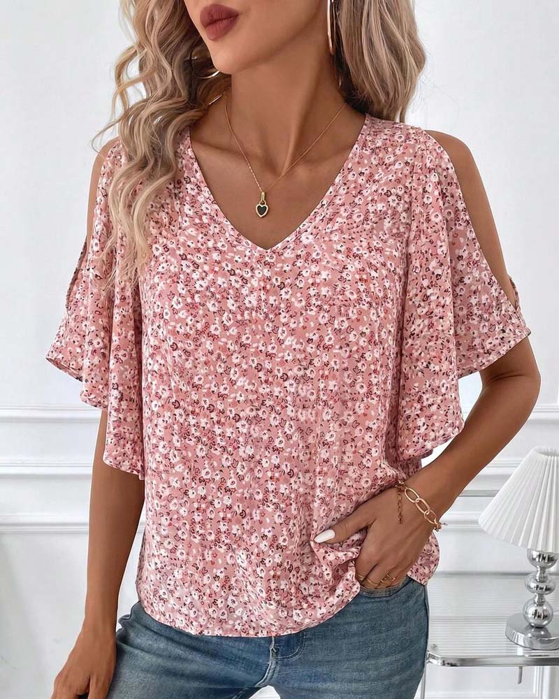 Blouse Col V Florale Off-Shoulder Manche Papillon