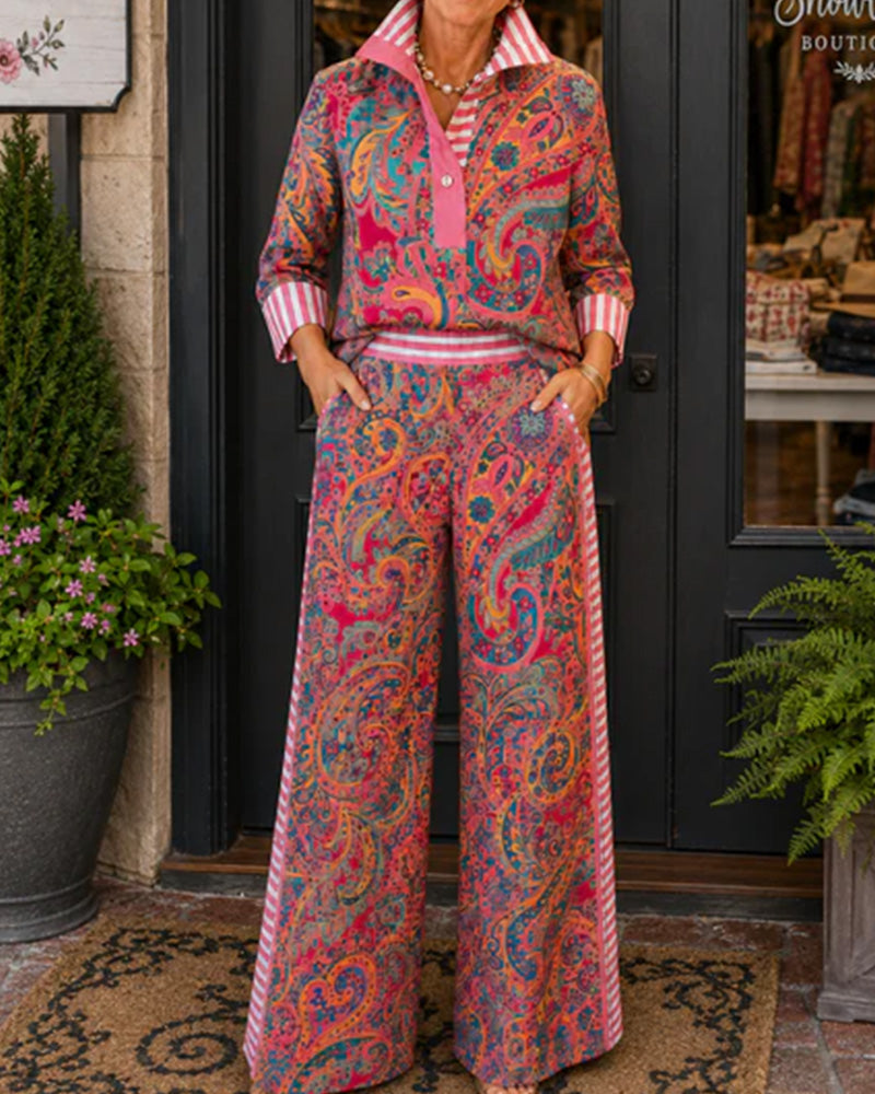 Set Revers Rayure Imprimé Chemise + Jambe Large Pantalon