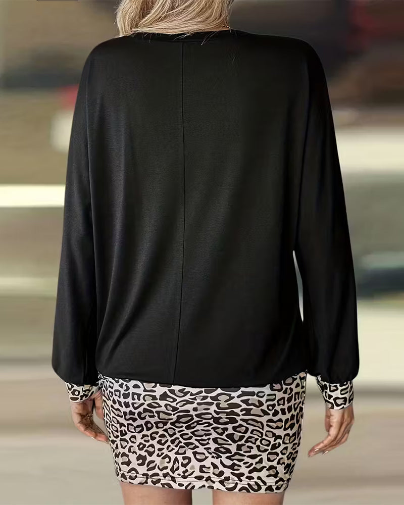 Robe Rond Léopard Patchwork Manche Longue