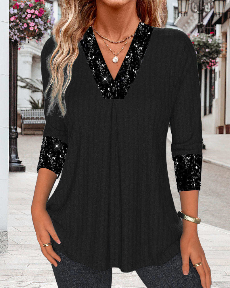 Haut décontracté à plis et patchwork de sequins de couleur unie