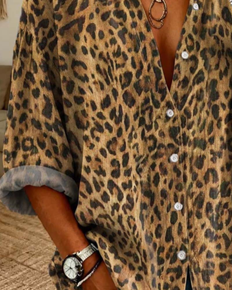 Chemise Col En V Bouton Léopard Manches Longues