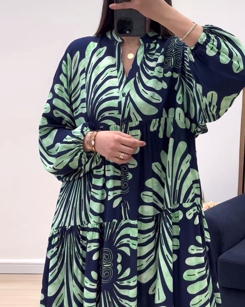 Robe longue imprimée patchwork à col montant et manches longues