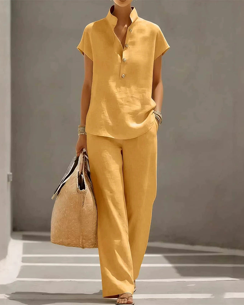 Ensemble Col Montant Bouton Manches Courtes Et Pantalon Long