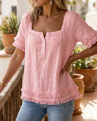 Blouse Col Carré Demi-Patte Frange