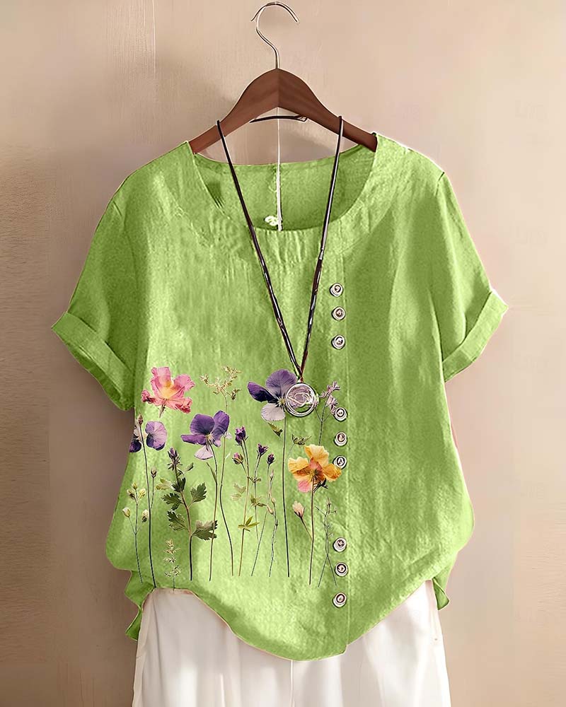 T-Shirt Floral Imprimé Col Ras Manche Courte