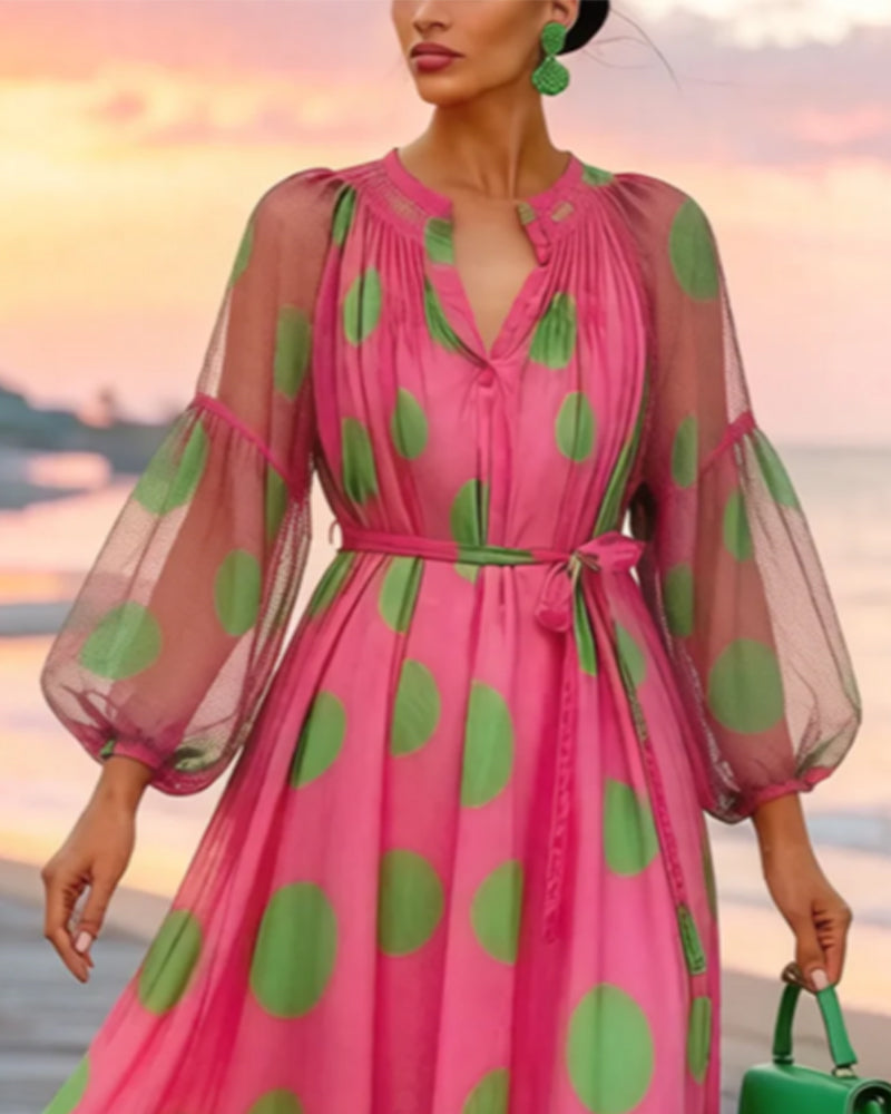 Robe Col V Manches Ballon Gros Pois