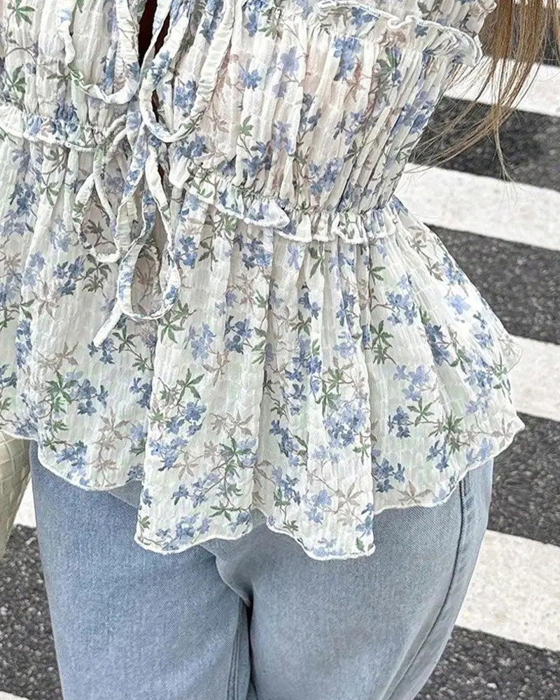 Blouse Florale Manche Volantée Col V Attache