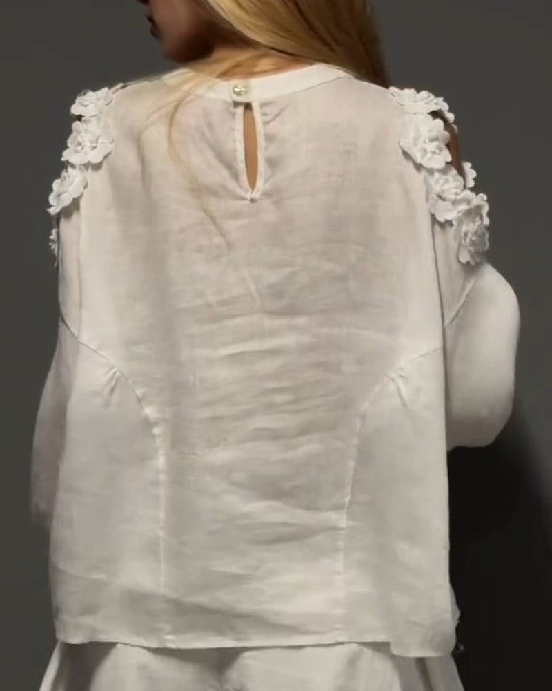 Chemisiers Col Rond Découpe Off-Shoulder 3D Floral