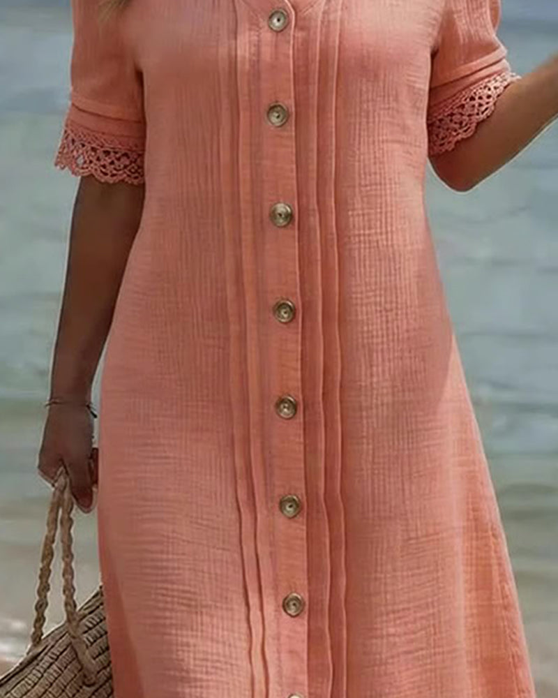 Robe Plissée Col V Bouton Dentelle Patchwork