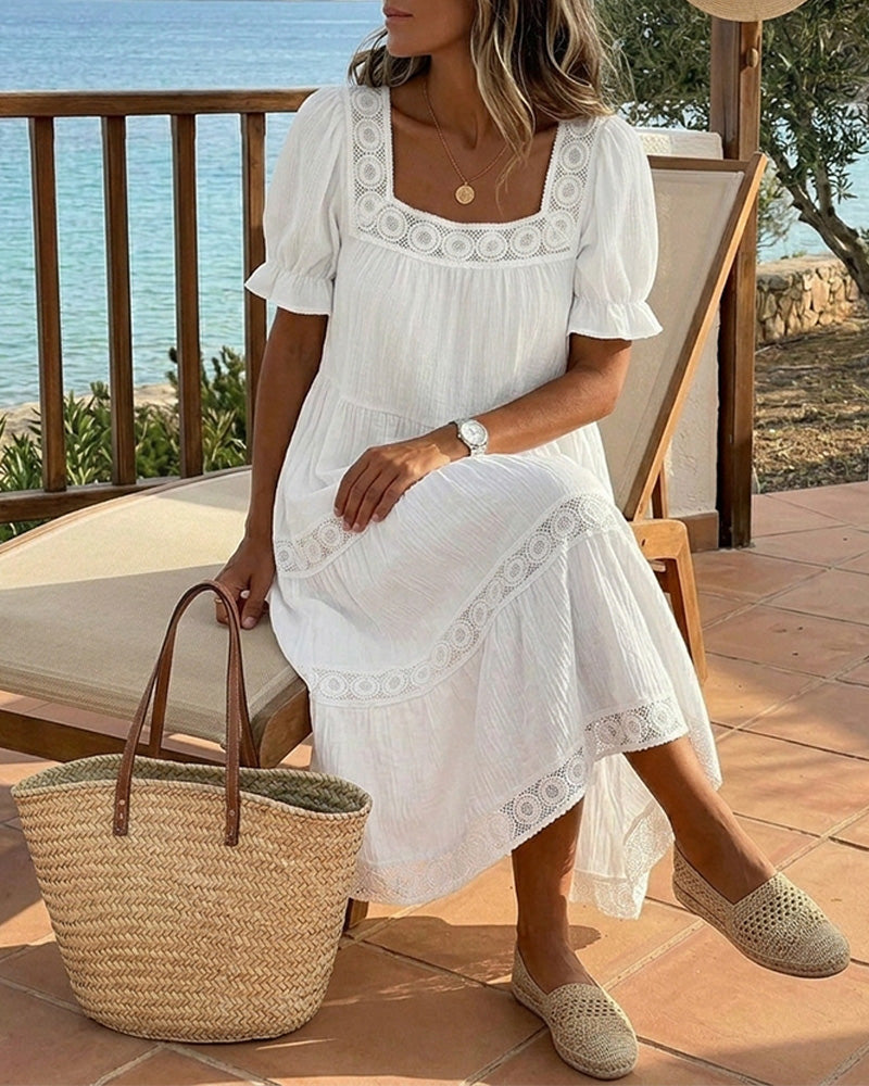 Robe Col Carré Dentelle Patchwork