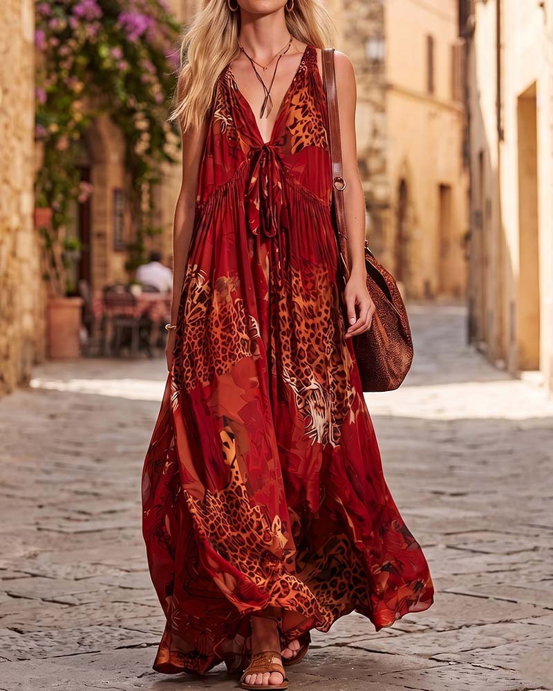 Robe Col V Léopard Bohémienne Bretelle Spaghetti Maxi