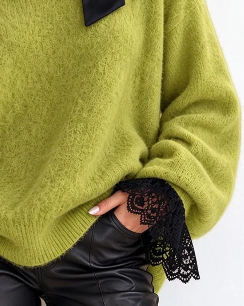 Pull Col Roulé Nœud Épaules Dénudées Dentelle Patchwork