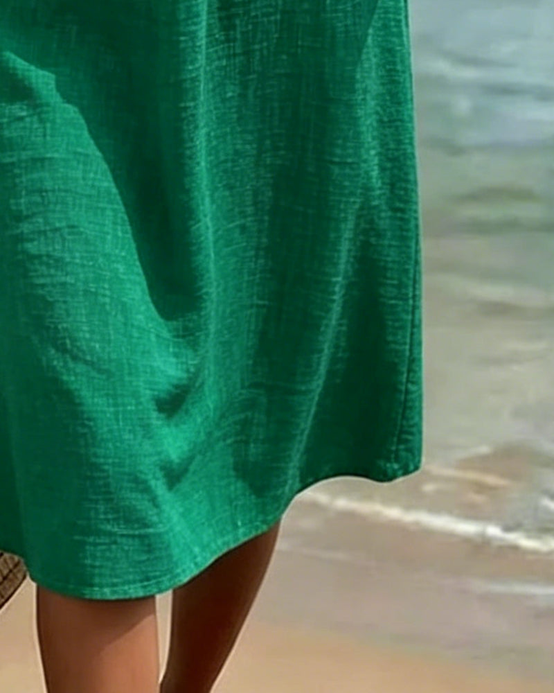 Robe Encolure V Bouton Rond Sans Manches