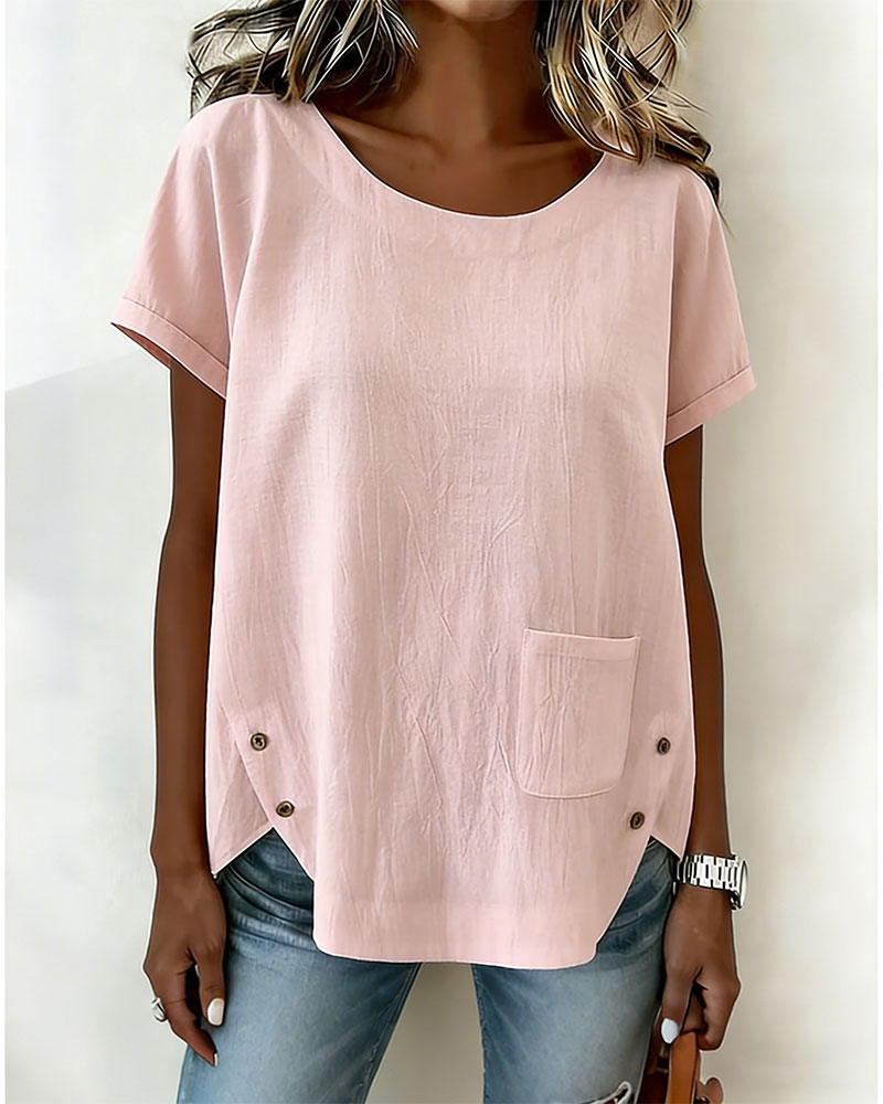 T-Shirt Coton Lin Bouton Détail Manche Courte