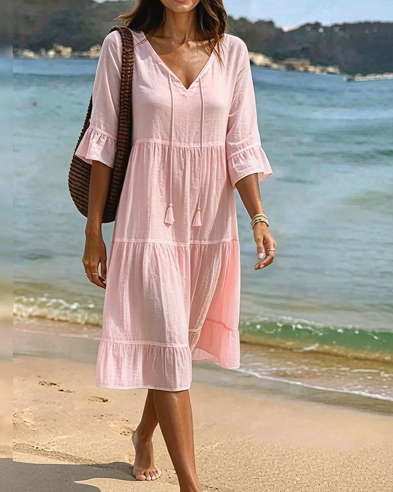 Robe Évasée Demi-Manche Nœud À La Taille