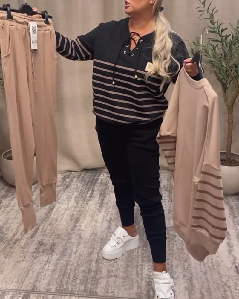 Ensemble Deux Pièces Décontracté Pantalon De Sport Rayé À La Cheville