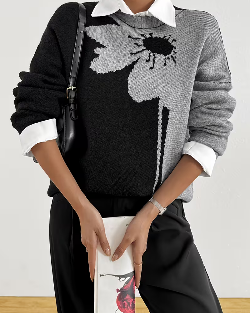 Pullover Bloc-Couleur Grand Floral Jacquard Col Rond