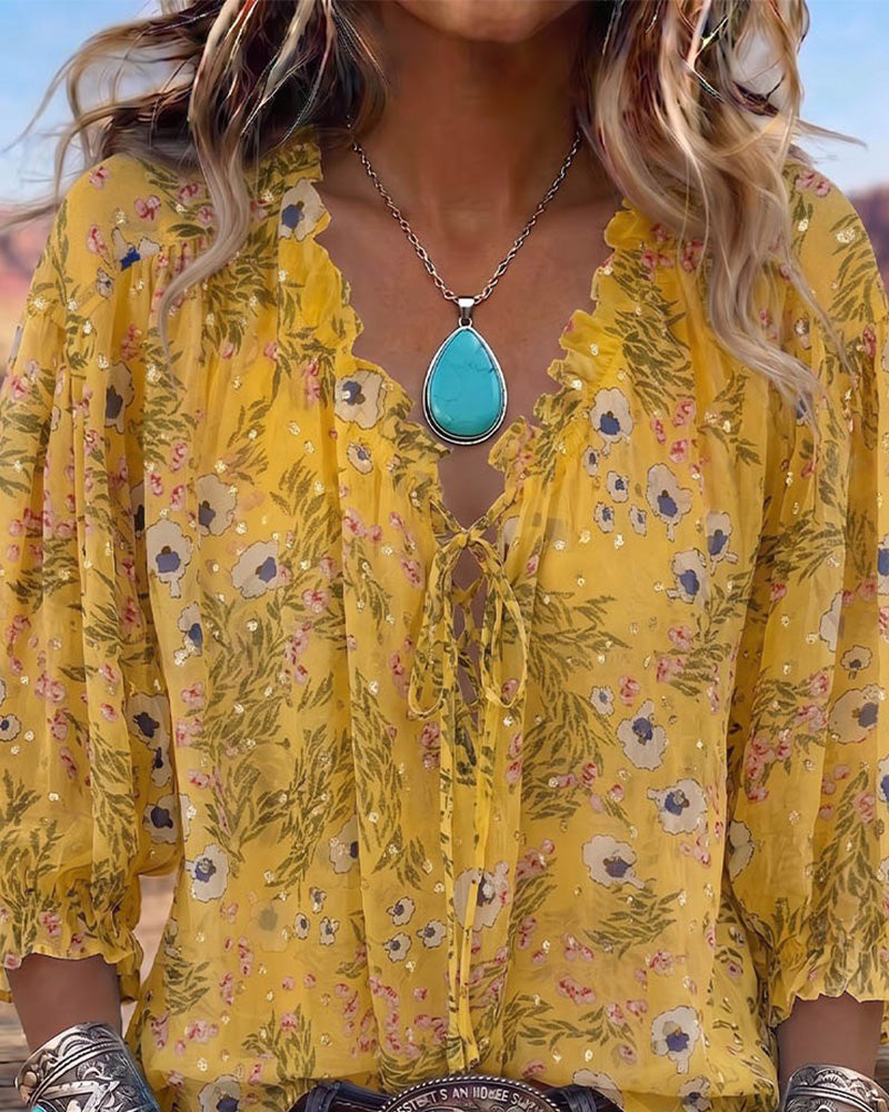 Blouse Décontractée Florale Attache