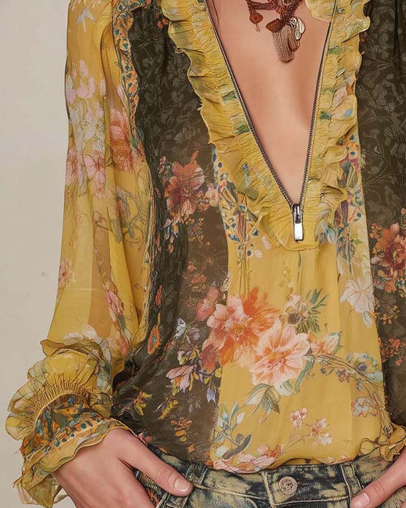 Demi-Zip Imprimé Fleuri Blouse