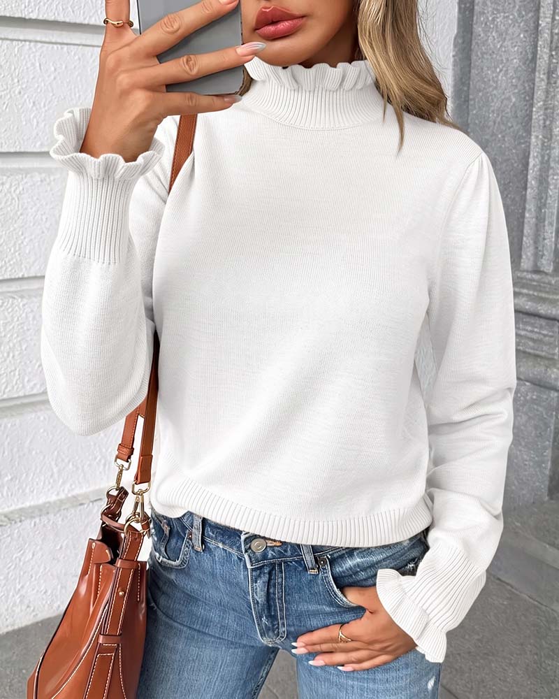 Pullover Col Roulé Dentelle Volant