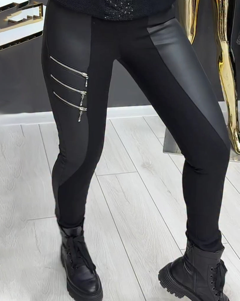 Legging PU Patchwork Fermeture Éclair Orné