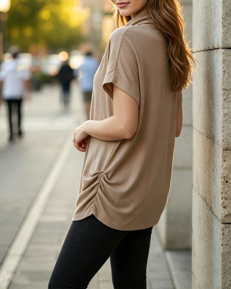 Blouse Col Mock Manches Courtes Côté Froncé