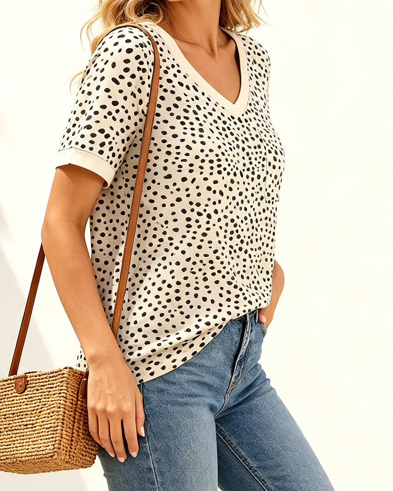 T-Shirt Col V Polka Dot Poche