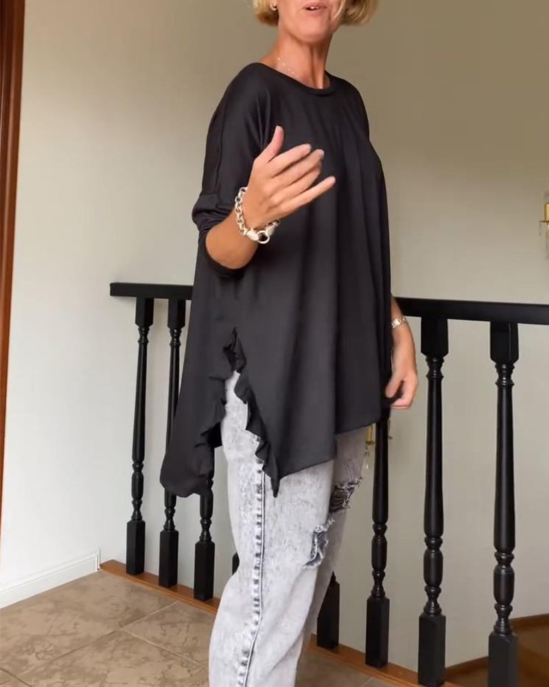 Blouse décontractée à col rond de couleur unie