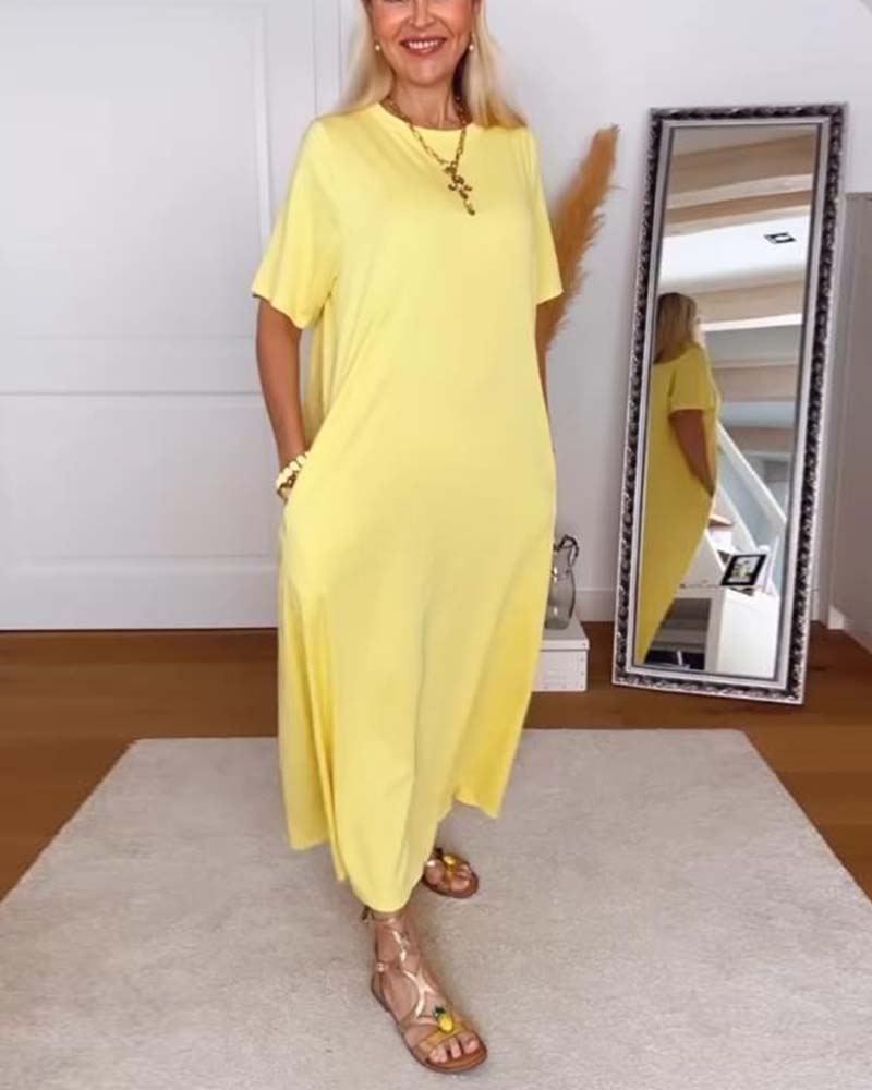 Robe Décontracté Col Rond Uni Droit