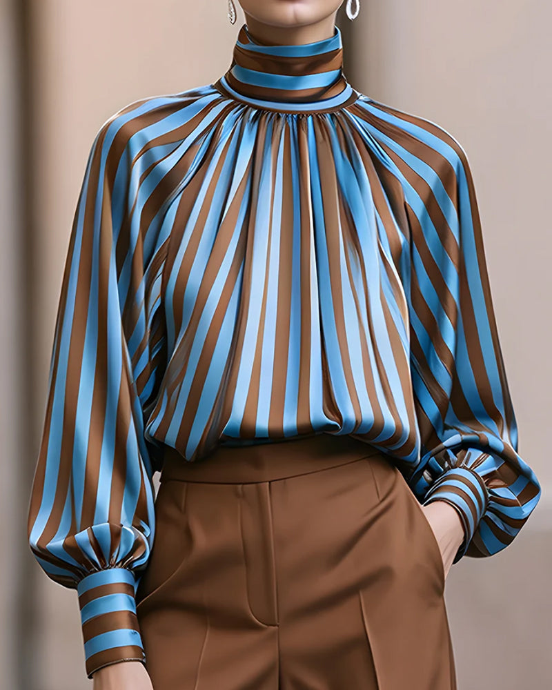 Blouse Rayure Froncée Col Roulé