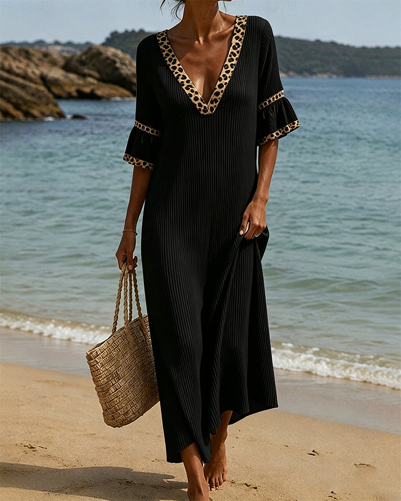 Robe Col En V Volant Léopard Patchwork