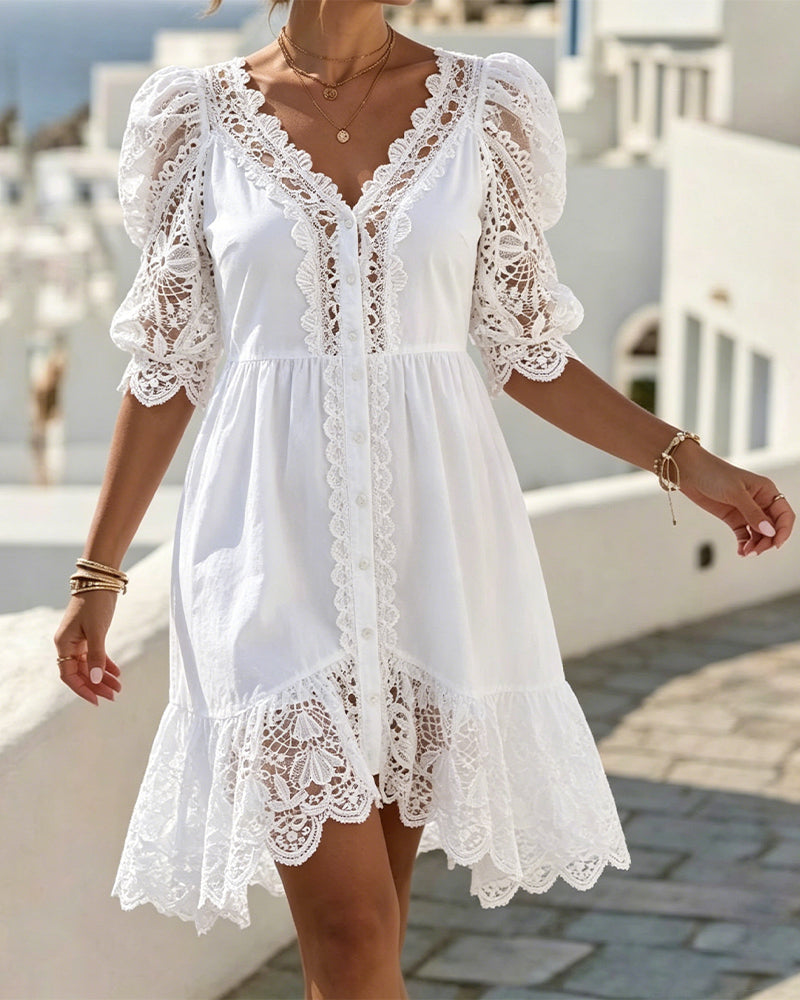 Robe Manche Bouffante Dentelle Courte Blanche