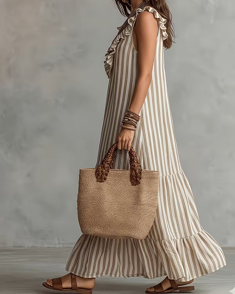 Robe Rayée Volants Col V Sans Manches