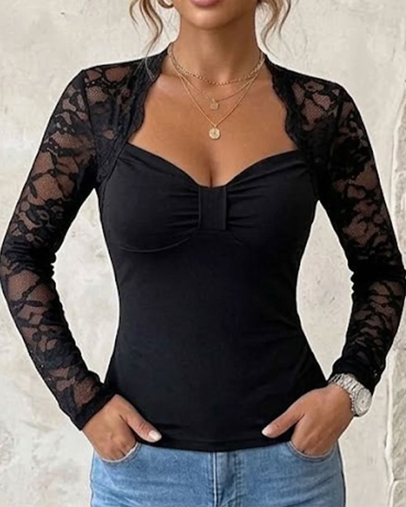Haut Twist Nœud Dentelle Patchwork Ajusté