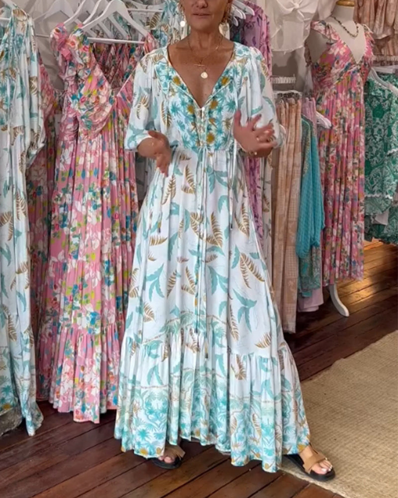 Robe longue femme col V imprimé feuilles