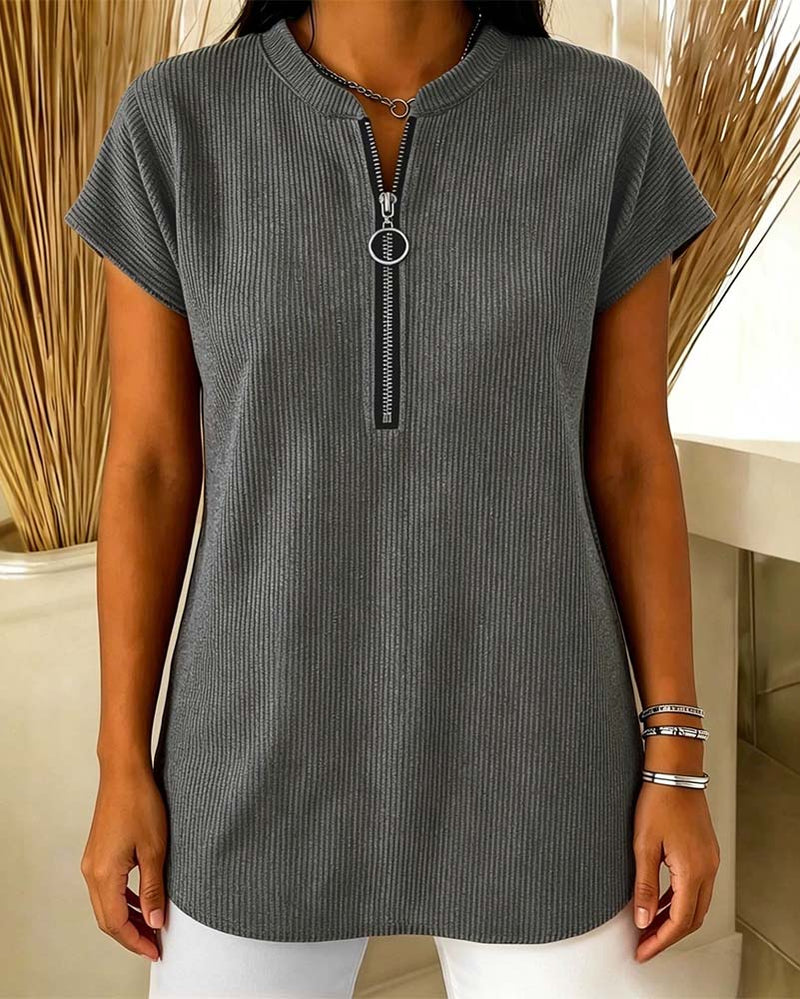 Blouse Unie Manche Courte Fermeture Éclair
