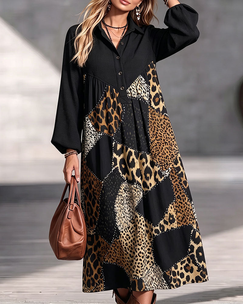 Robe Léopard Bloc De Couleur Revers Manche Longue