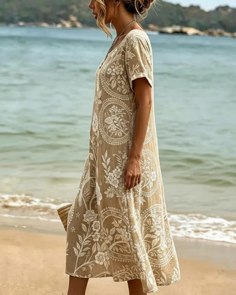 Robe Col Rond Fleuri Oiseau Imprimé