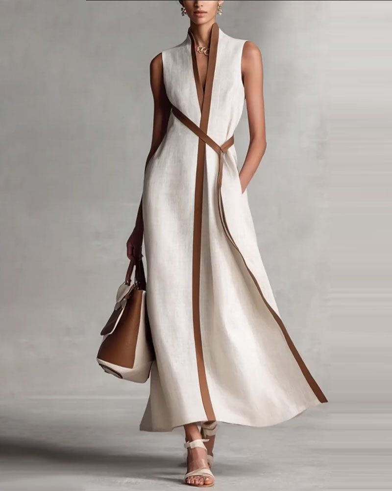 Robe Contraste Couleur Sans Manches Maxi