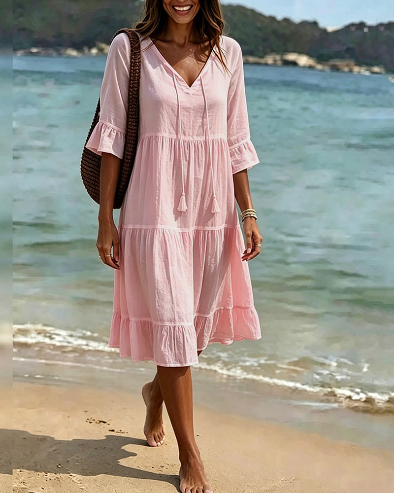 Robe Évasée Demi-Manche Nœud À La Taille