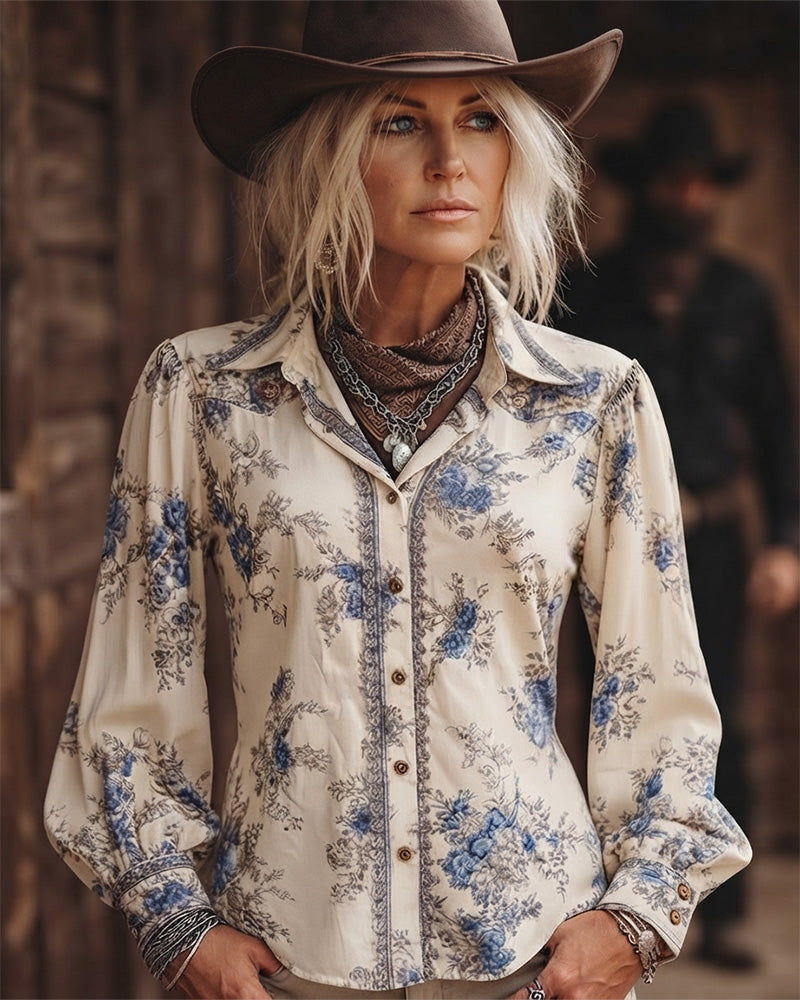 Chemise À Col À Manches Longues À Fleurs Style Vintage
